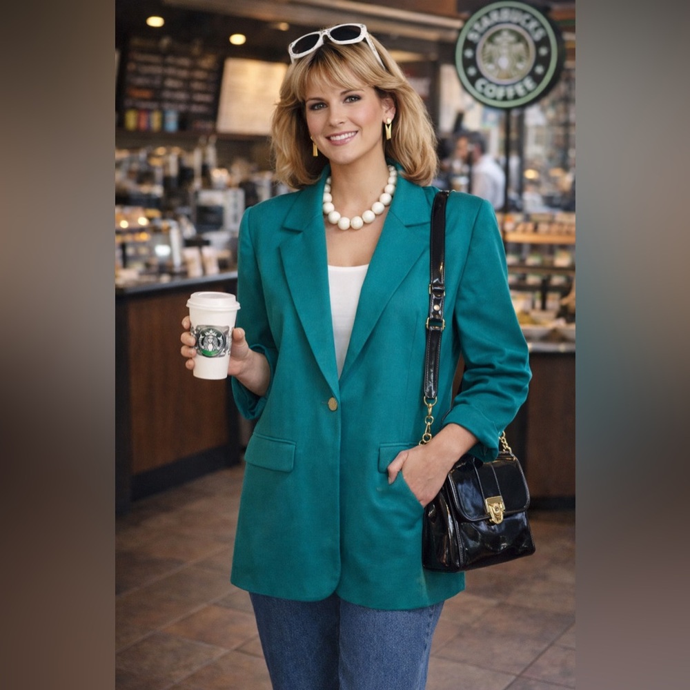 Vintage 80s Teal Toni Marie Blazer | Shoulder Pads | Gold Buttons